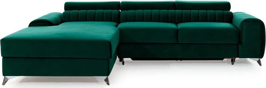 Zöld bársony kinyitható-tárolóhelyes sarokkanapé (bal oldali-heverő résszel) Grayson – ELTAP