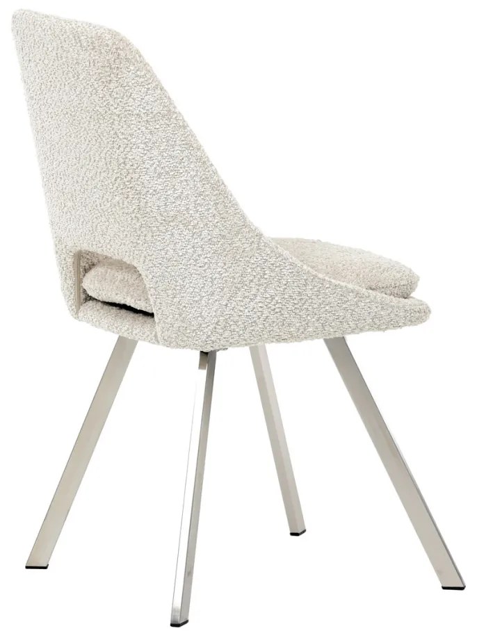 Scaun de sufragerie modern, tapițerie din material crem, picioare metalice, oțel inoxidabil periat.