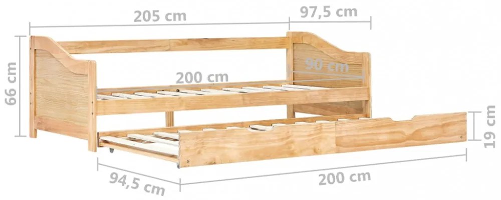 fenyőfa kihúzható kanapéágykeret 90 x 200 cm