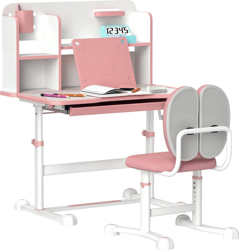 AIYAPLAY Állítható Gyerek Íróasztal és Szék Szett 3-12 Éveseknek, Iskolai Íróasztal 45°-os Döntött Felülettel, Fiókkal, Polccal, Tolltartóval és Könyv