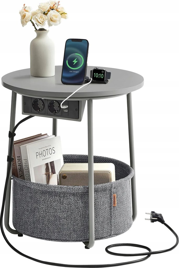 Funkcionális szürke oldalsó dohányzóasztal újságtartóval és tápkábellel