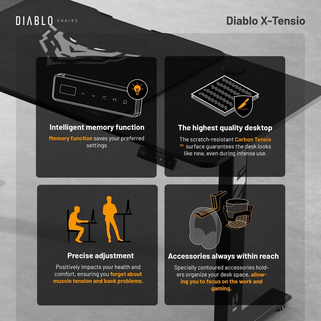 Elektromosan magasságban állítható íróasztal 140 cm fekete: Diablo X-Tensio 1400