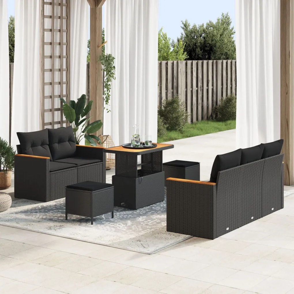 8 darabos Kerti Sofasor Párnákkal Fekete Poli Rattan Akácia, 3 darabos Kerti Étkezőszett Párnákkal Fekete Poli Rattan Akácia