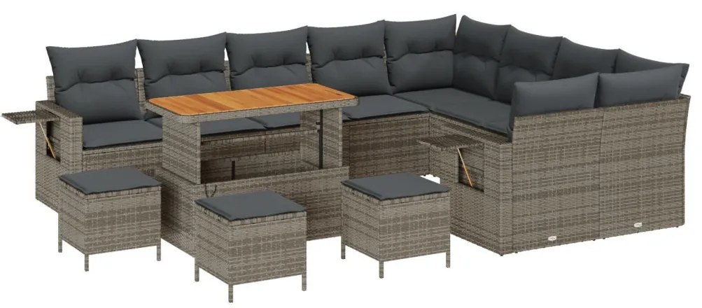 12 részes kerti kanapé szett párnákkal szürke poli rattan akáccal, 3 részes kerti étkező szett párnákkal szürke poli rattan akáccal