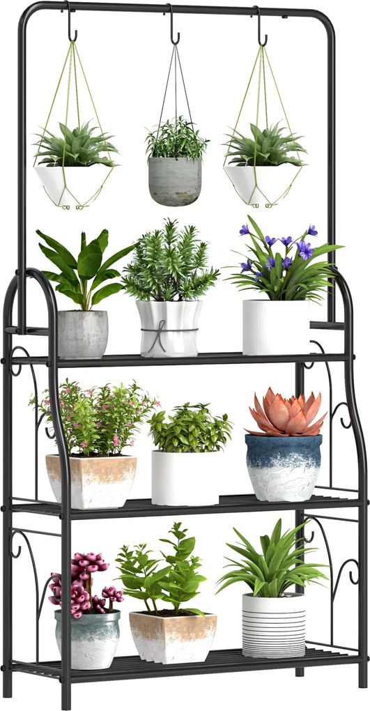 Outsunny 3-szintes Virágtartó Akasztóval, Kampókkal, Virágállvány Beltérre, Fém Virágpolc, Több Szintes Virágpolc, 137 cm Magas Viráglépcső Nappaliba,