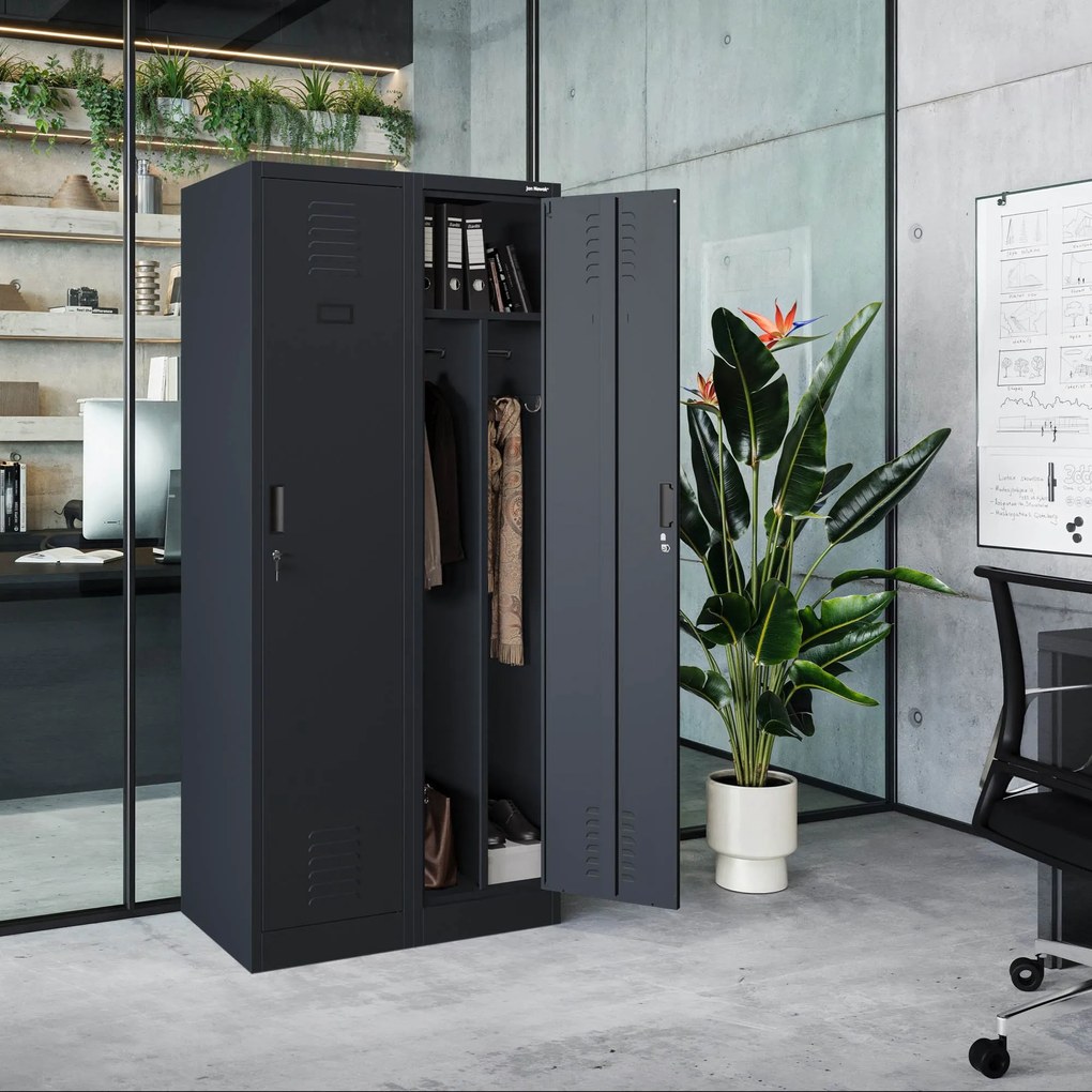 Pléh öltözőszekrény talpazaton, kétmodulos, polccal és köztes fallal KACPER, 800 x 1800 x 500 mm, antracit