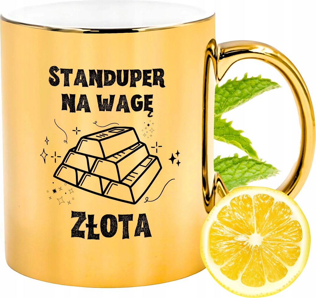 Prémium Arany Fényes Bögre Standuper Ajándék Nyomtatott Fotóval