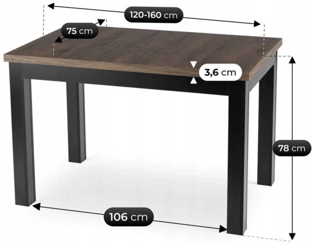 Bővíthető Étkezőasztal Dió/Fekete Színben. SKUBI 120–160 cm