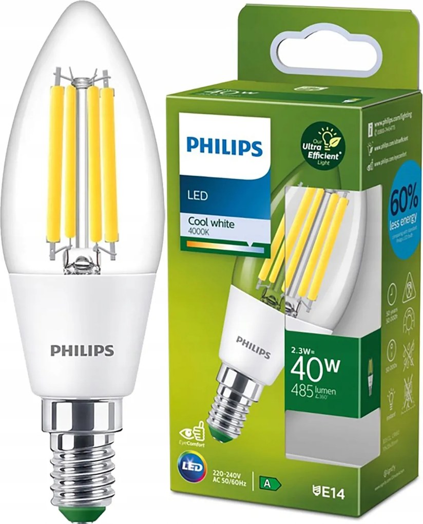 Led izzó E14 Gyertya 2.3W 40W 485lm 210lm/W Semleges A-osztály Philips