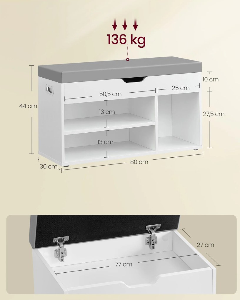 Párnázott ülőke cipőtartóval és rejtett tárolással, fehér színben