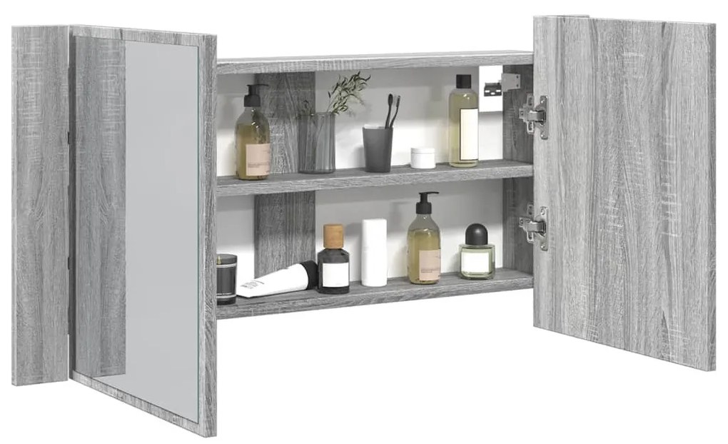 szürke sonoma akril LED-es tükrös fürdőszobaszekrény 90x12x45cm