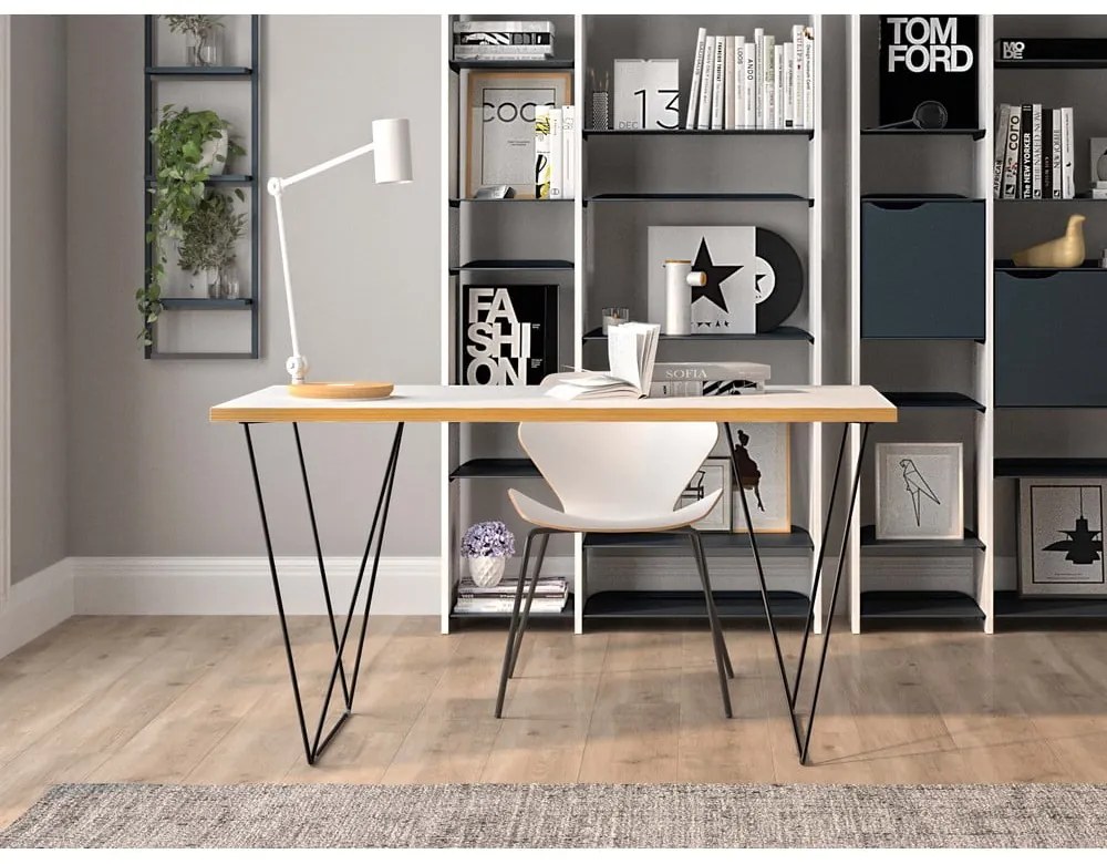 Flow fehér íróasztal fekete lábakkal, 140 x 75 cm - TemaHome