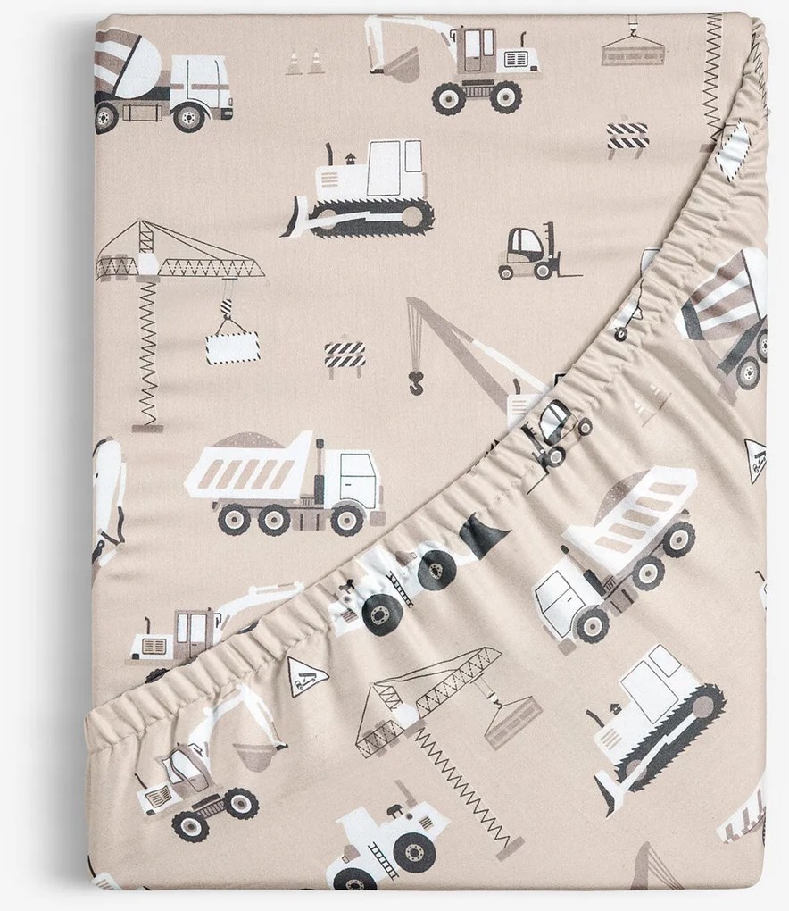 Goldea gyerek pamut körgumis lepedő - teherautók és markolók bézs alapon 140 x 200 cm