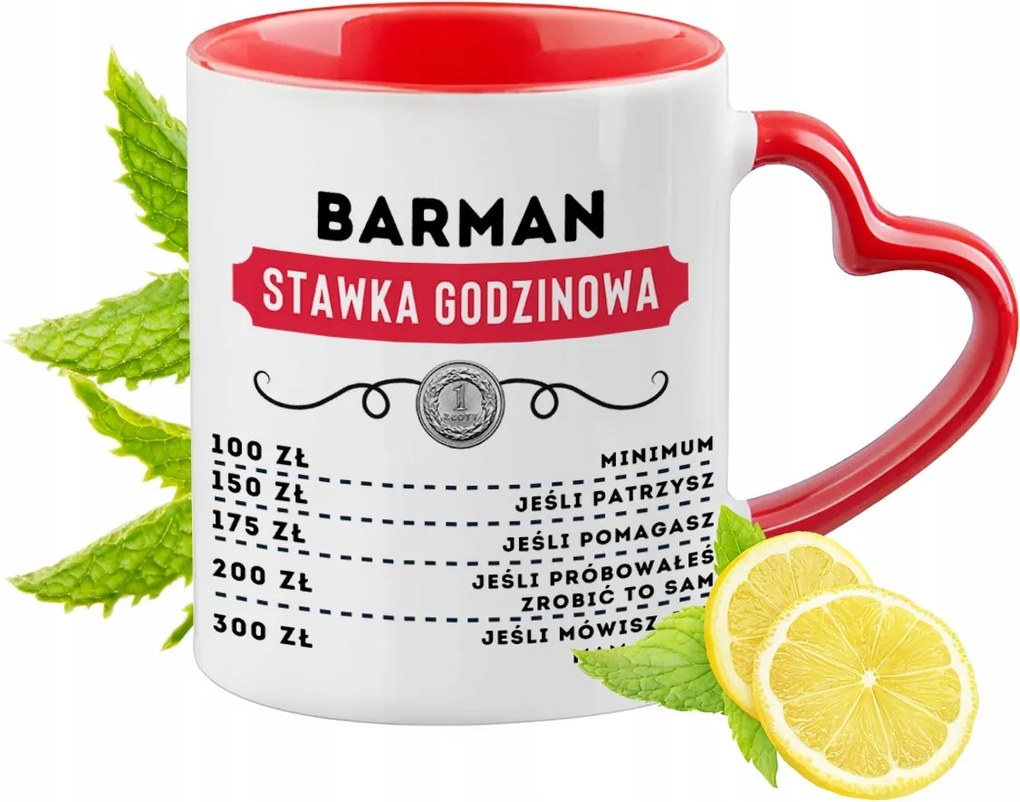 Piros bögre szív alakú füllel a csaposnak ajándékba