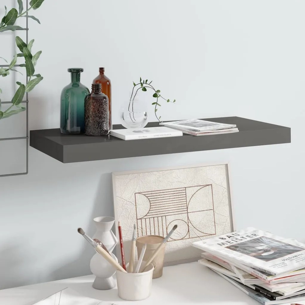 magasfényű szürke MDF lebegő fali polc 60 x 23,5 x 3,8 cm