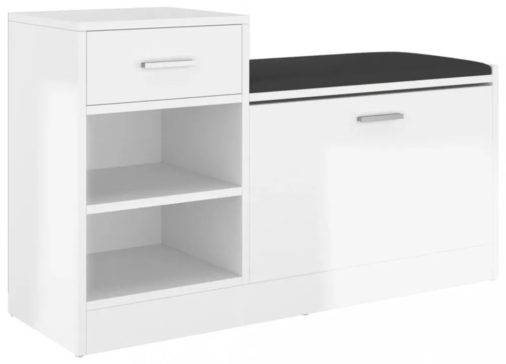 magasfényű fehér szerelt fa cipőtároló pad 94,5 x 31 x 57 cm