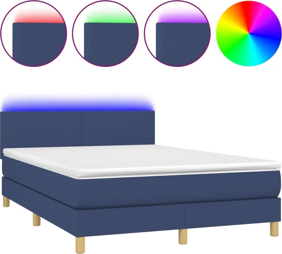 vidaXL kék szövet rugós és LED-es ágy matraccal 140x190 cm
