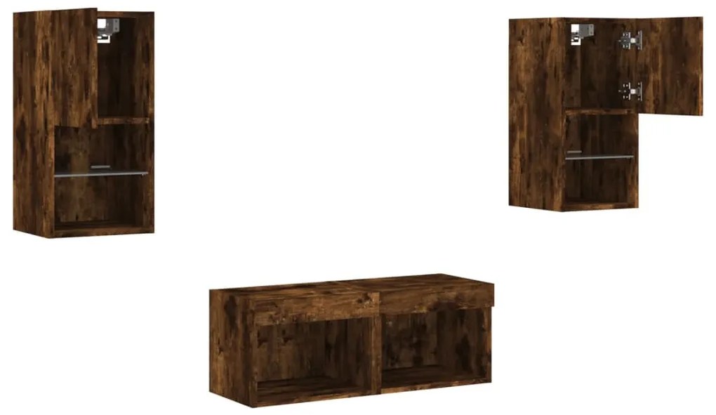 4 darab füstös tölgy színű falra szerelhető TV-szekrény LED-del