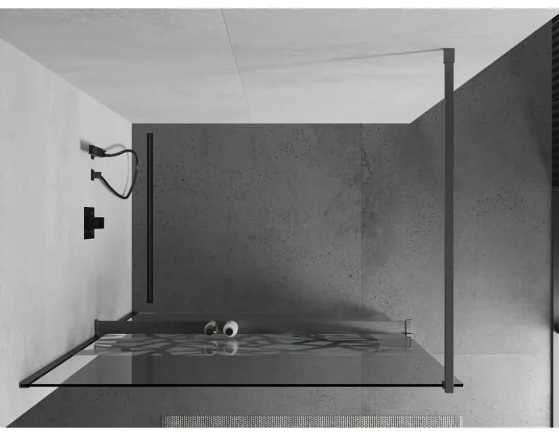 Mexen Kioto+, Walk-In zuhanyparaván polccal és akasztóval 90 x 200 cm, 8 mm átlátszó üveg fehér mintás, grafit profil, 800-090-121-66-85
