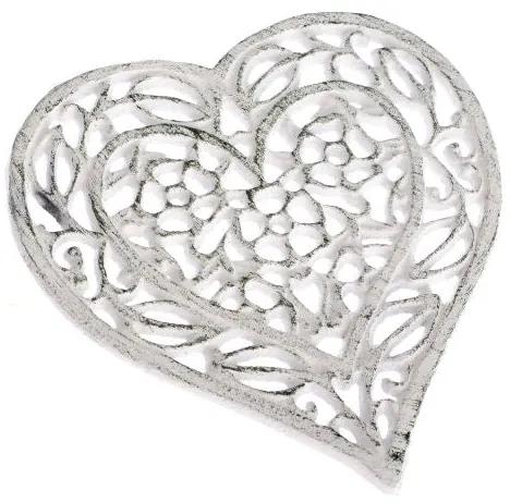 Szív alakú Öntöttvas edényalátét antikolt fehér virágos