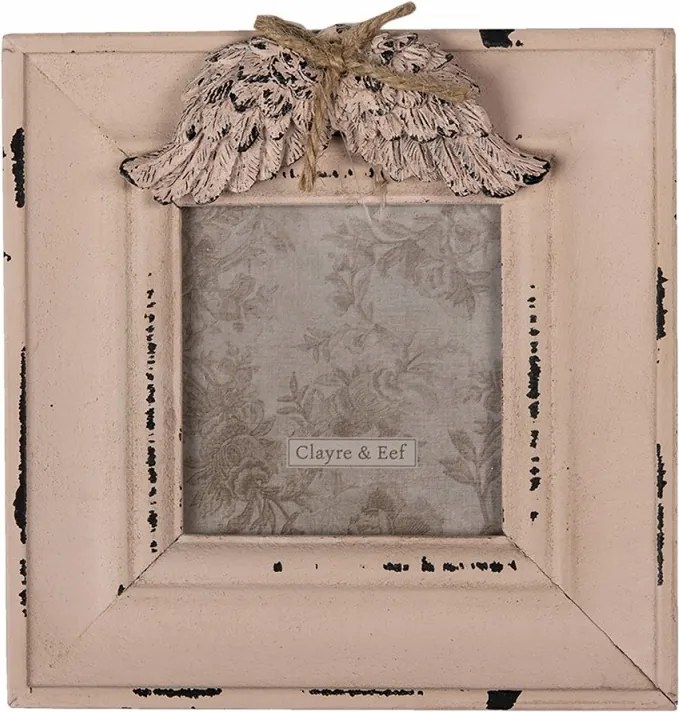 Rózsaszín négyzet alakú fa képkeret szárnyakkal 7x7 cm