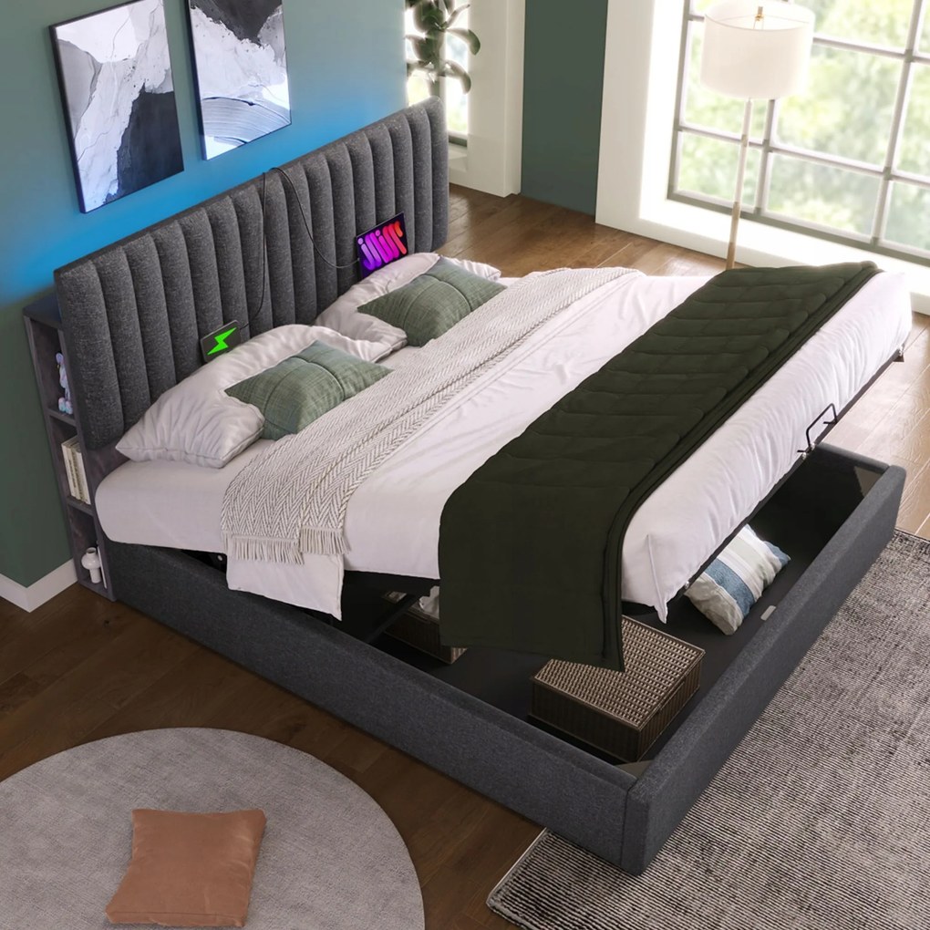 Kárpitozott ágy Franciaágy 160x200cm Led Usb C Hidraulikus szürke