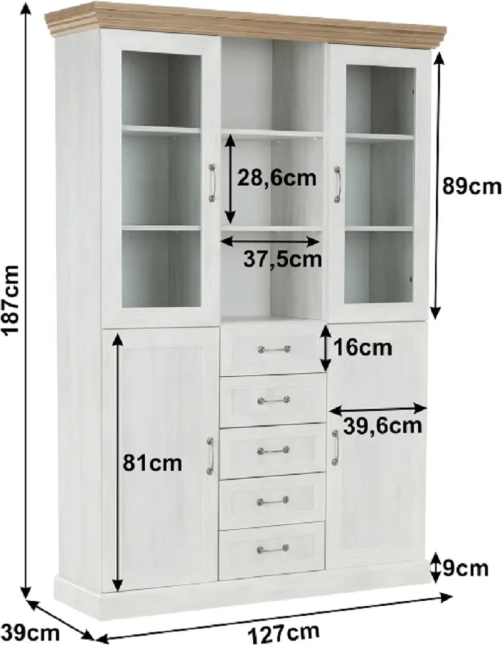 vitrines szekrény, északi sosna/vadtölgy, ROYAL W2D