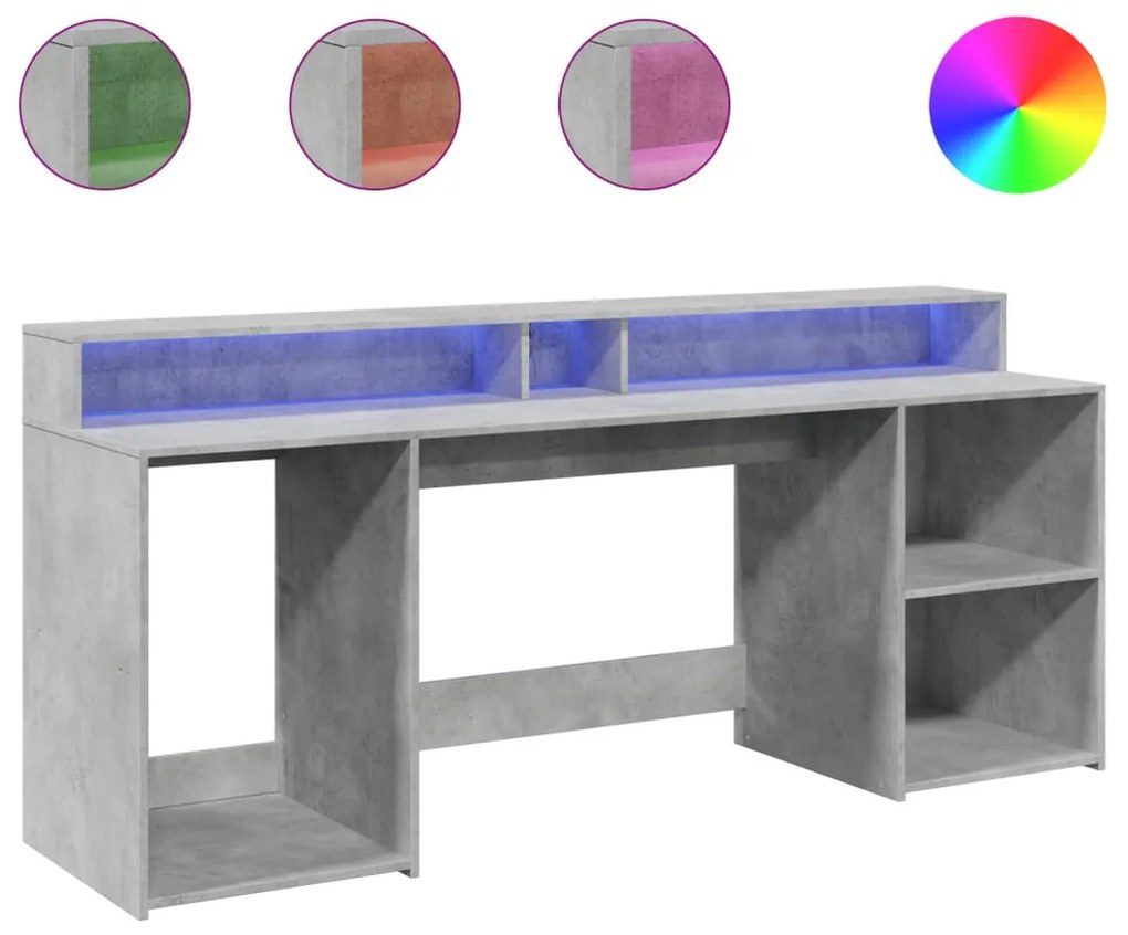 betonszürke szerelt fa íróasztal LED-világítással 200x55x91 cm