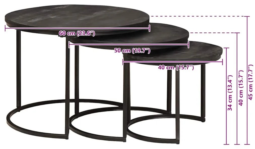 vidaXL Fészkelt Kávézó Asztalok 3 pcs Fekete Tömör mangófa és acél