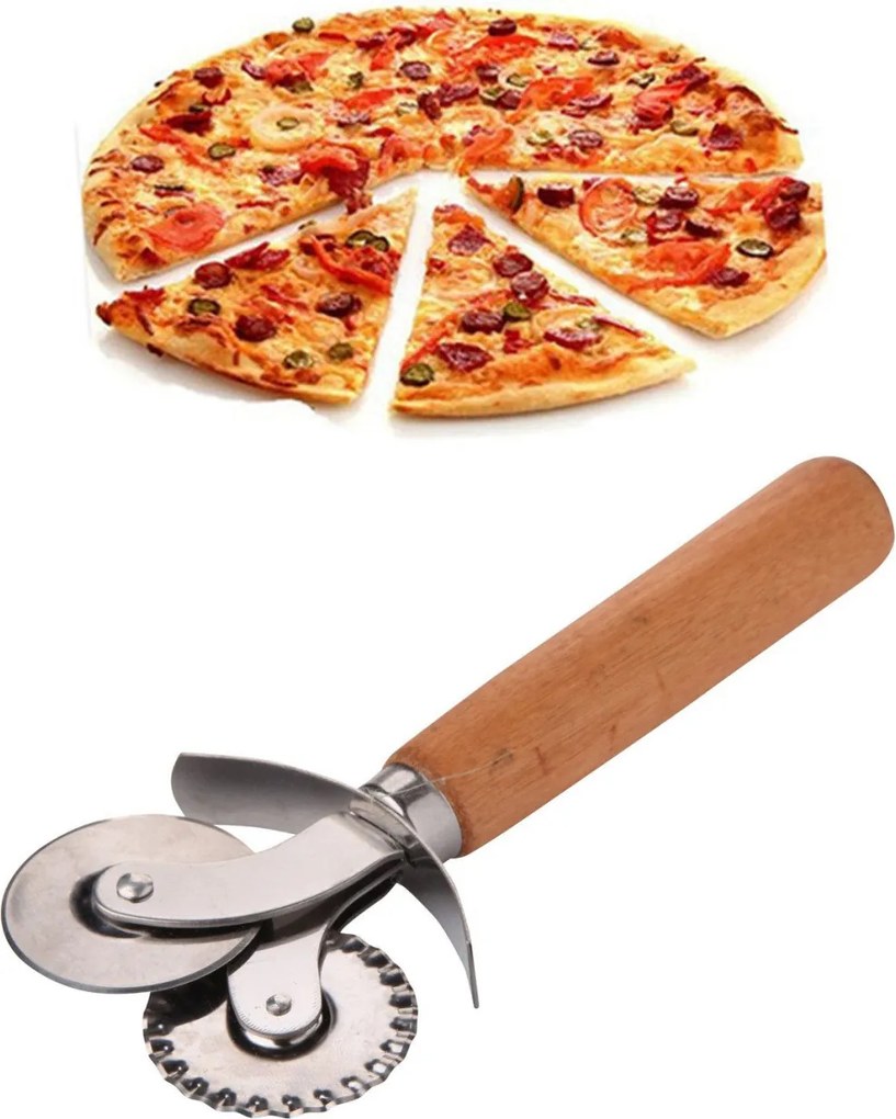 Acél pizzavágó fa tartóval