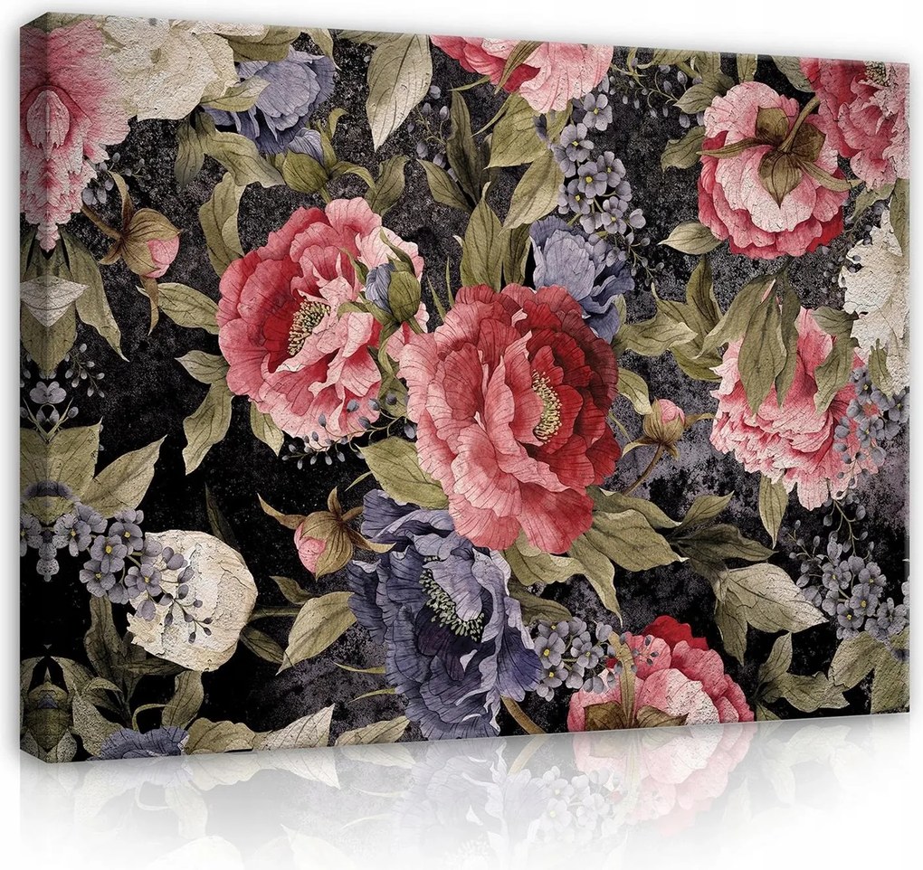 Vászonkép falikép rózsaszín fekete virágok 100 x 75