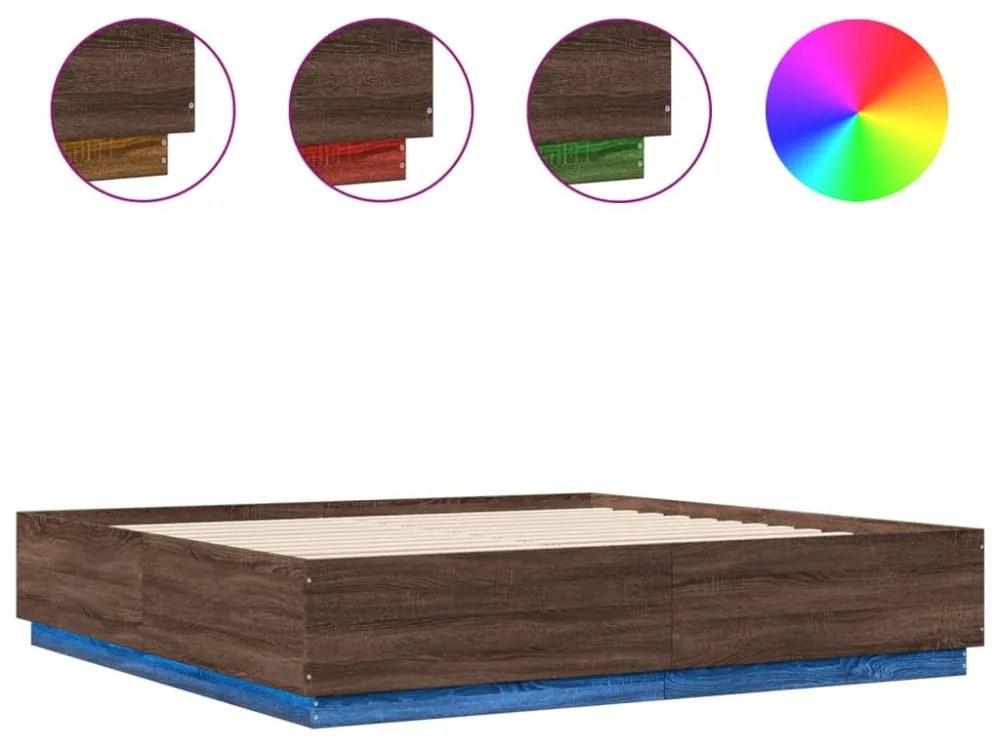 barna tölgy színű szerelt fa ágykeret LED-del 200 x 200 cm