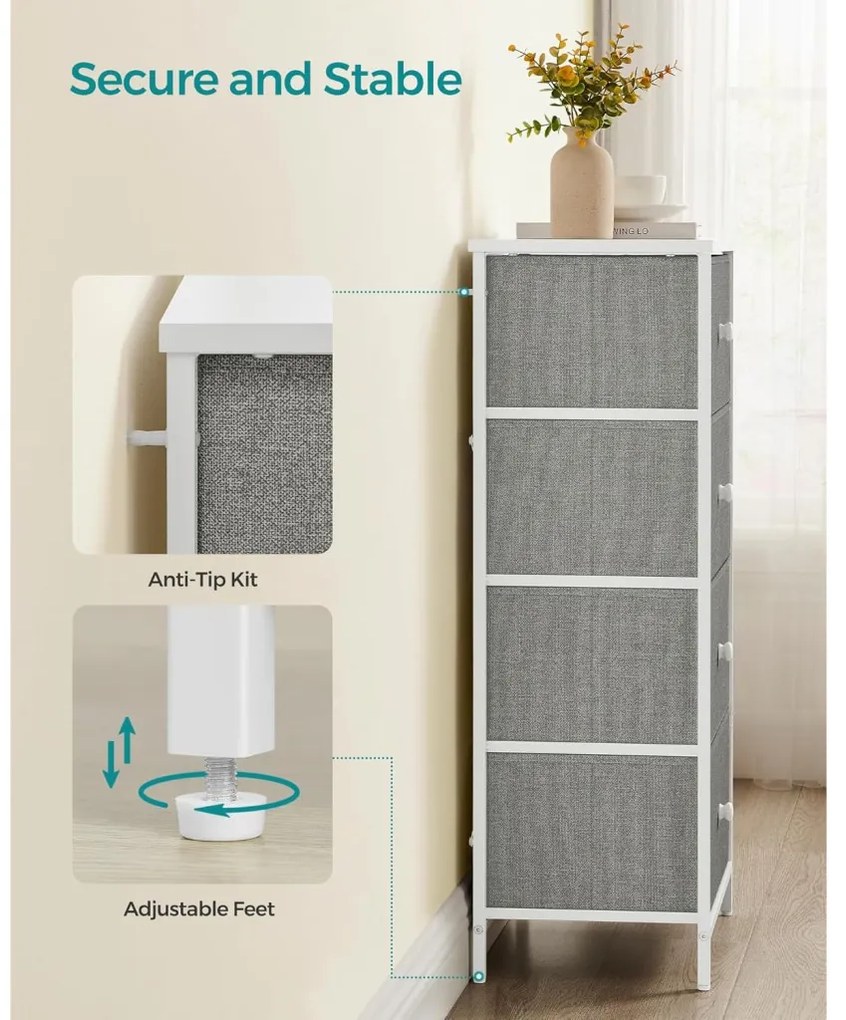 Tároló szekrény négy fiókkal, ruhás szekrény, galambszürke és krémfehér 80x30x85cm