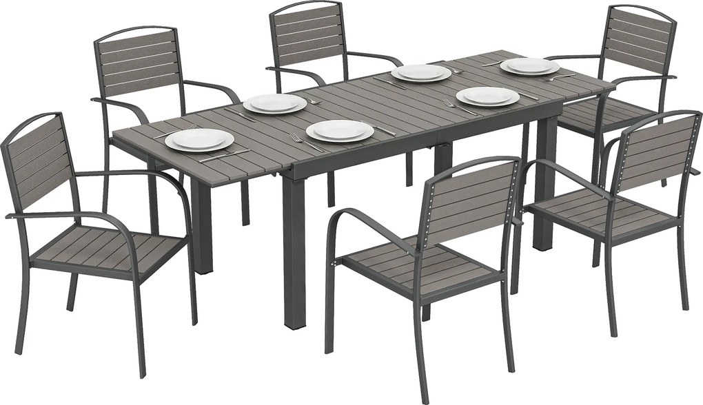 Outsunny 7 részes kihúzható kültéri étkezőgarnitúra 6 székkel, fahatású lécezett asztallappal, alumínium váz, időjárásálló, szürke | Aosom
