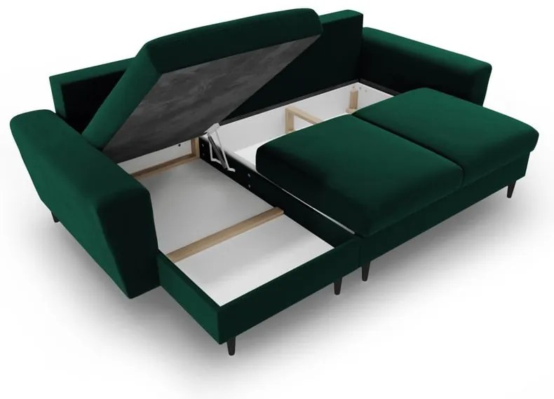 Zöld bársony kinyitható tárolóhelyes sarokkanapé Kyoto – Cosmopolitan Design