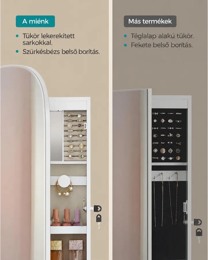 LED-es tükör ékszertárolóval 10×42×108 cm, fehér
