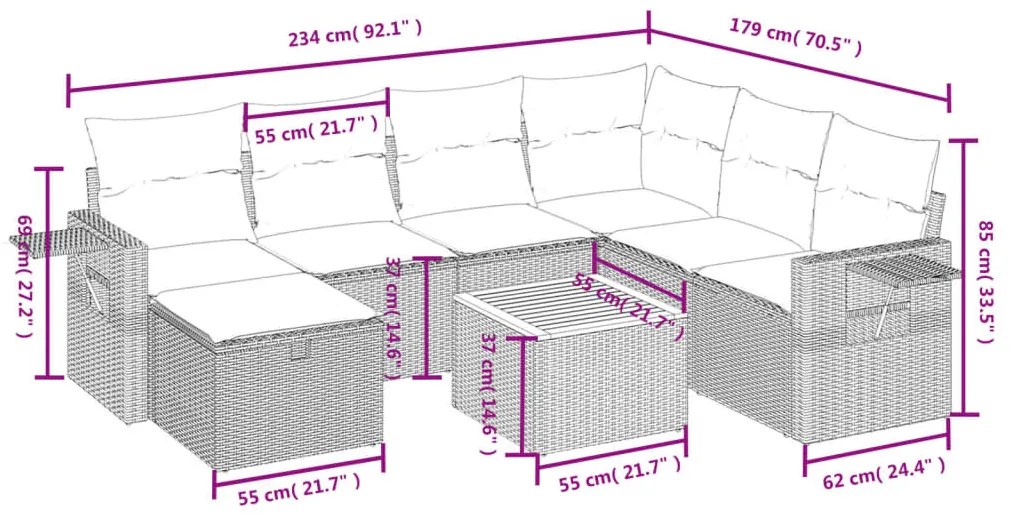 8 részes fekete polyrattan kerti ülőgarnitúra párnákkal