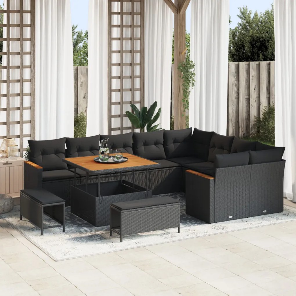 12 darabos kerti sofa szett párnákkal fekete poli rattan akácfa, 3 darabos kerti étkező szett párnákkal fekete poli rattan akácfa
