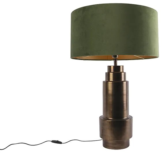 Art Deco asztali lámpa bronz bársony árnyékolóval zölddel és arannyal 50 cm - Bruut