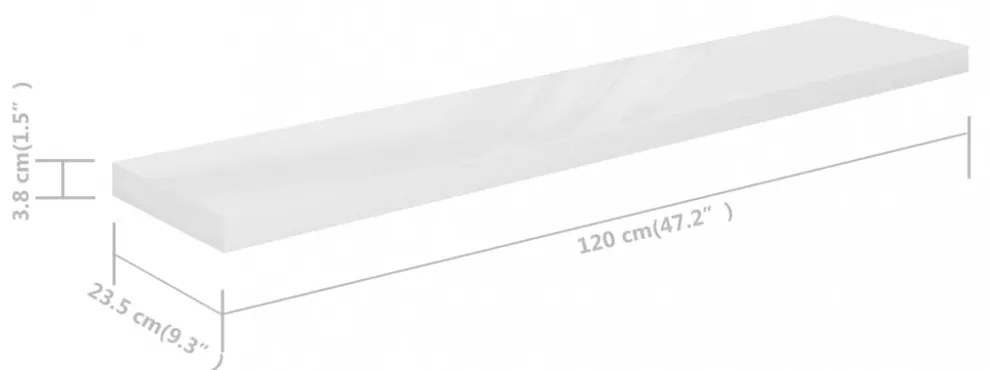 4 db magasfényű fehér MDF lebegő fali polc 120 x 23,5 x 3,8 cm