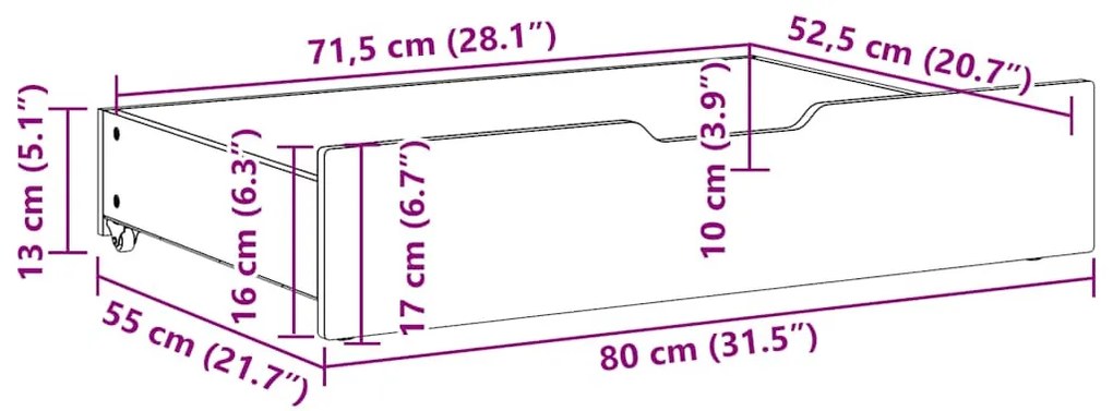 2 db viaszbarna tömör fenyőfa ágy alatti fiók 80 x 55 x 16 cm
