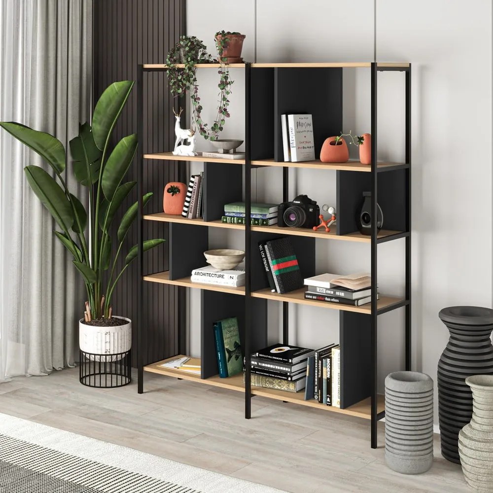 Fekete-natúr színű könyvespolc tölgyfa dekorral 144x175 cm Alabama – Marckeric