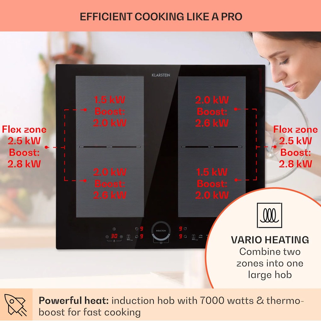 Klarstein Delicatessa 60, beépített indukciós főzőlap, 7000 W, 4 zóna, üvegkerámia, fekete