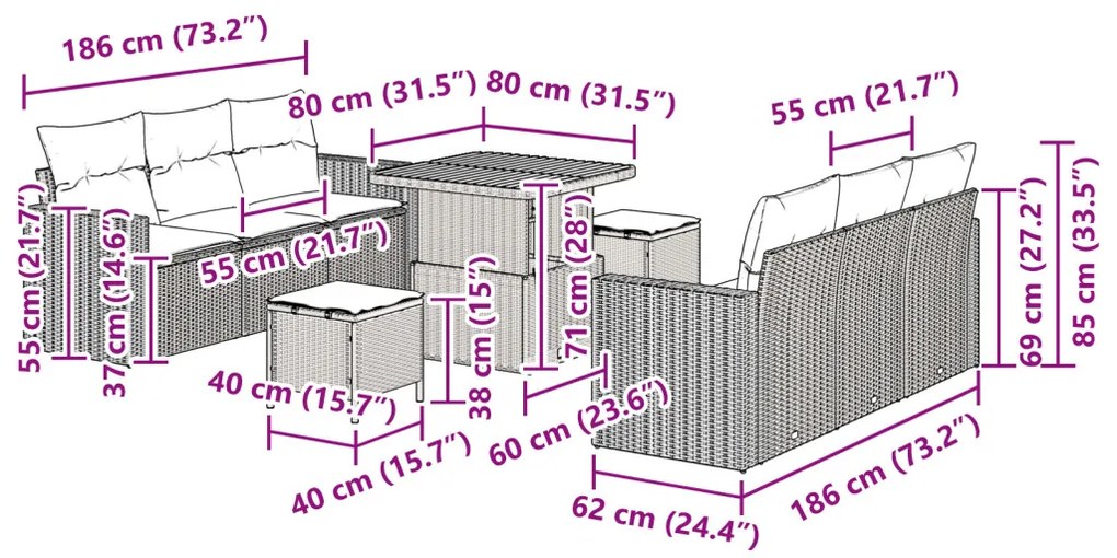 9 Db-os Kerti Kanapé Szett Párnákkal Fekete Poli Rattan Akác, 3 Db-os Kerti Étkező Szett Párnákkal Fekete Poli Rattan Akác