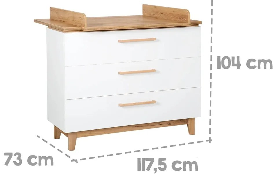 Fehér alacsony gyerek komód pelenkázó feltéttel tölgyfa dekorral 118x104 cm Finn – Roba