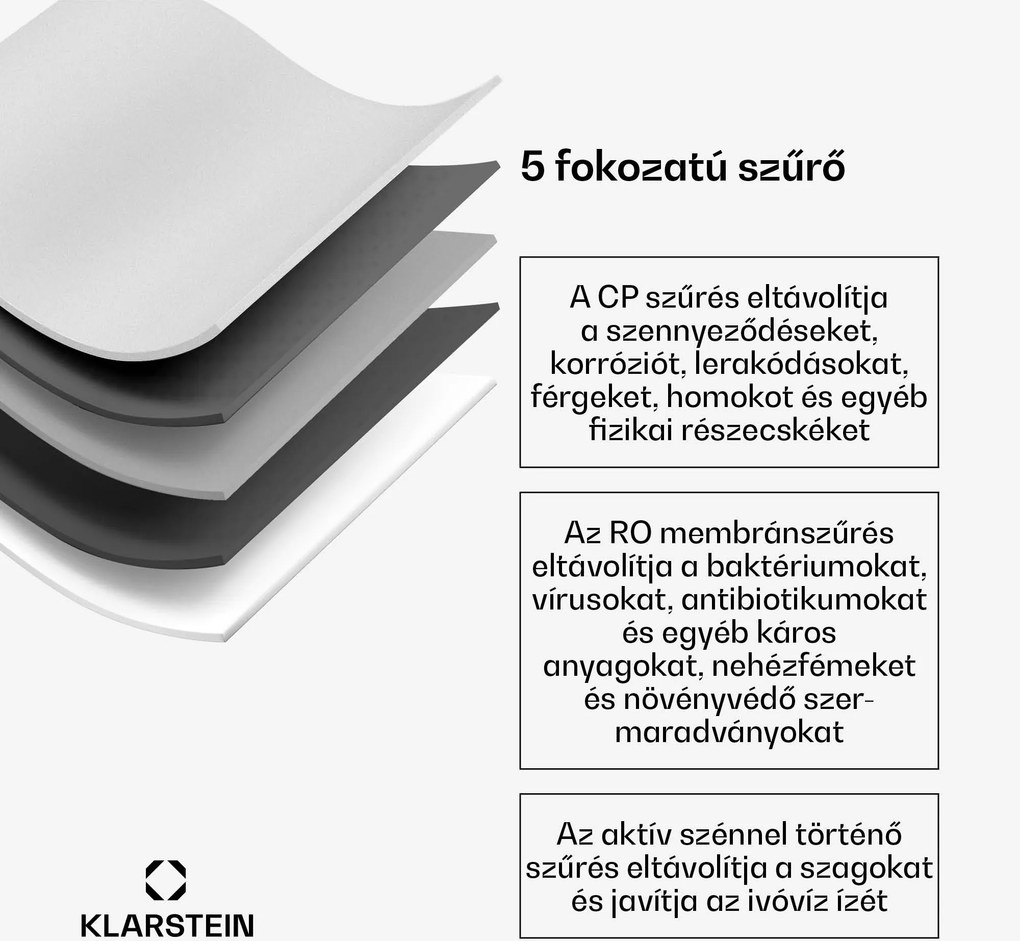 Klarstein VitalPour csereszűrő 75G, 99,99 %-ot eltávolít, CF + PPC + RO membrán