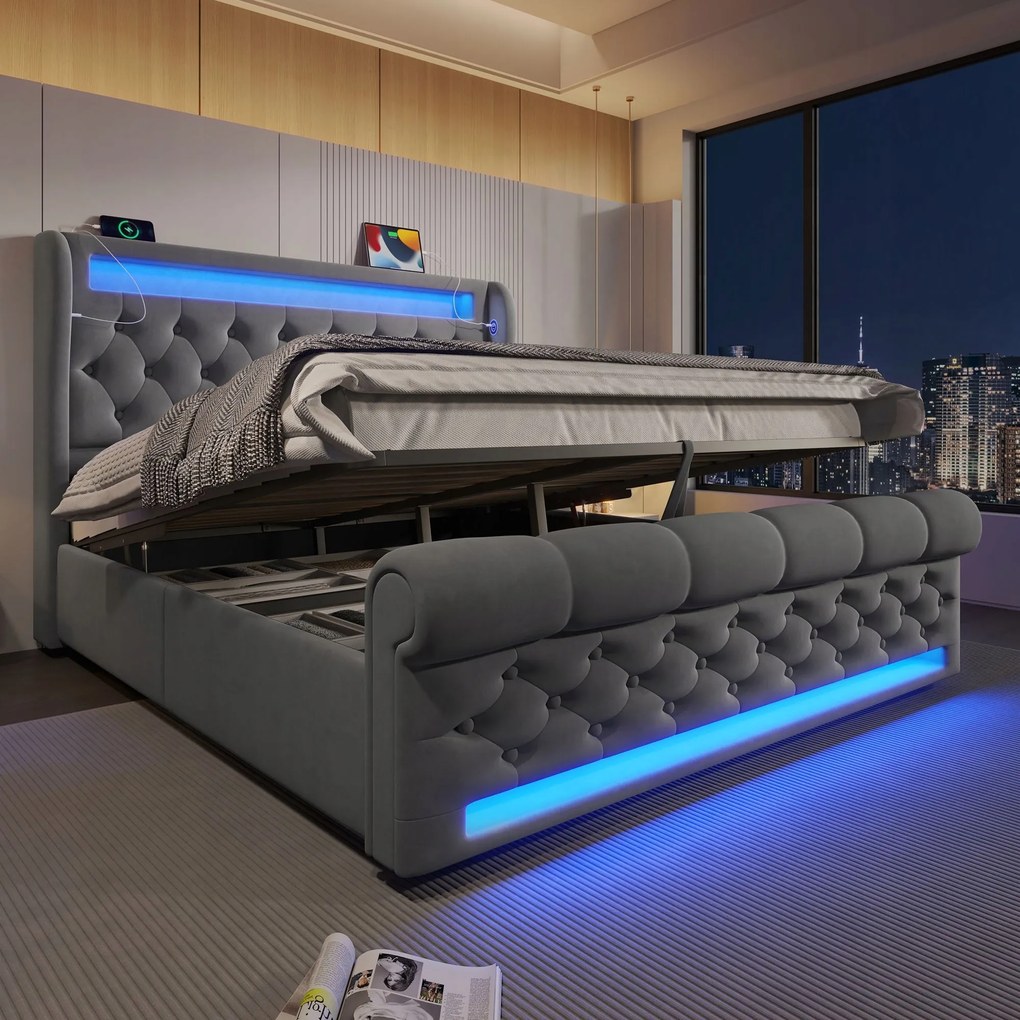 Kárpitozott ágy Franciaágy 140x190 cm Led Usb C Hidraulikus szürke