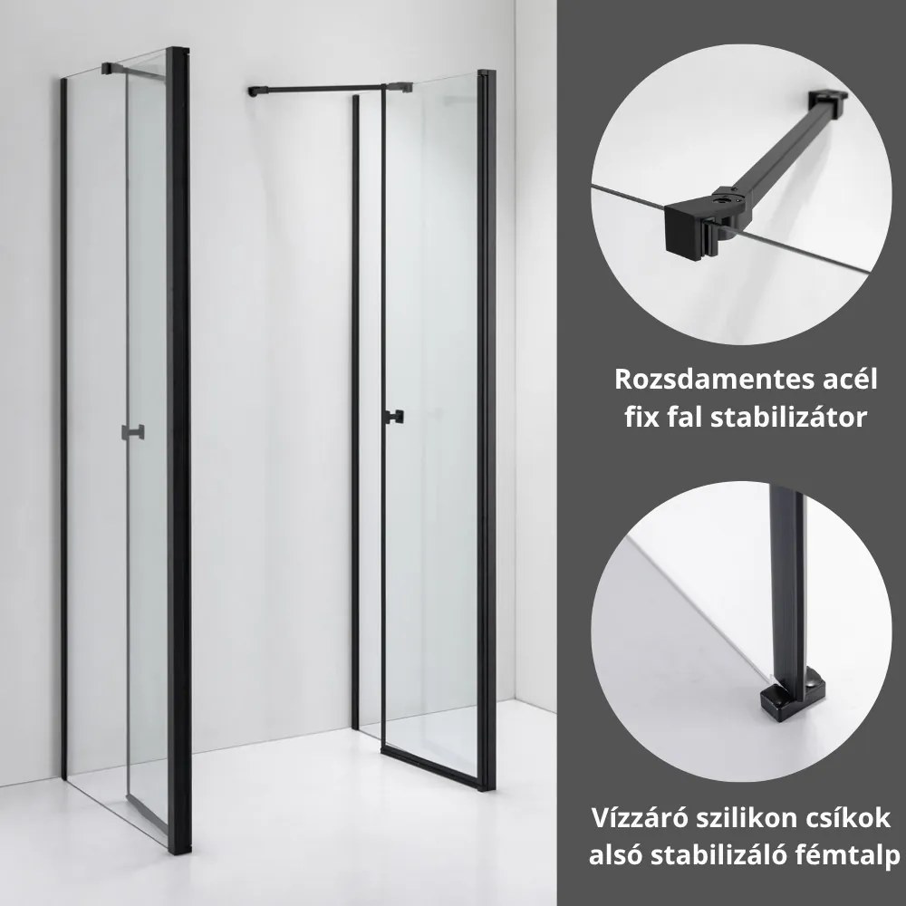 Stuxi Roma Black 70x90 falsíkra szerelhető 3 oldalú kétszárnyú nyílóajtós zuhanykabin 6 mm vízlepergető biztonsági üveggel, matt fekete elemekkel, 195 cm magas