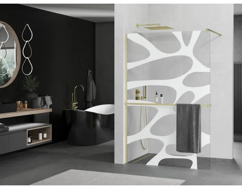Mexen Kioto+, Walk-In zuhanyparaván polccal és akasztóval 90 x 200 cm, 8 mm átlátszó üveg fehér mintás, arany matt profil, 800-090-121-55-97