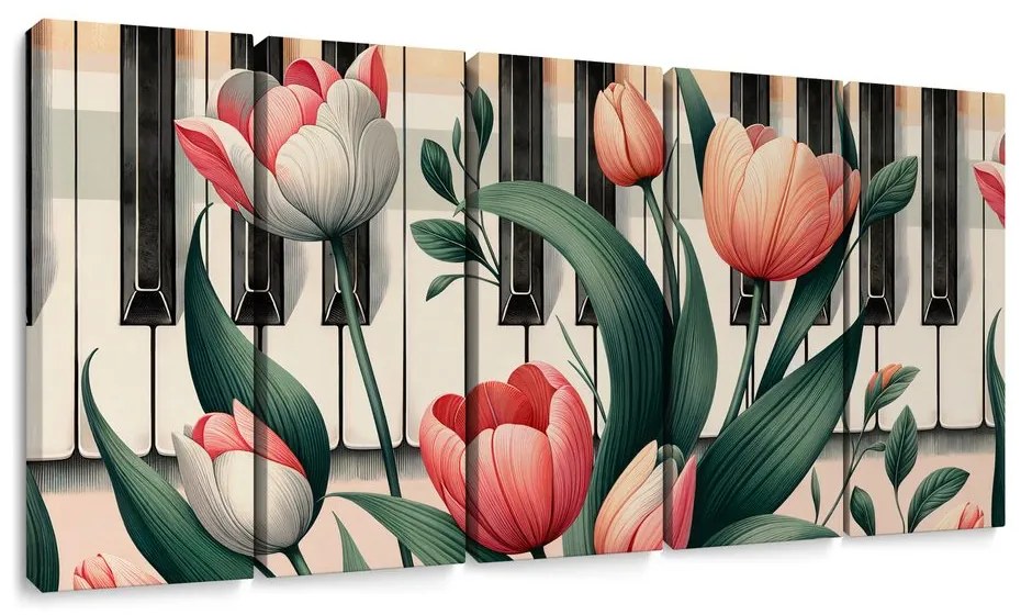 5 részes kép zongora és tulipánok virágszimfóniában